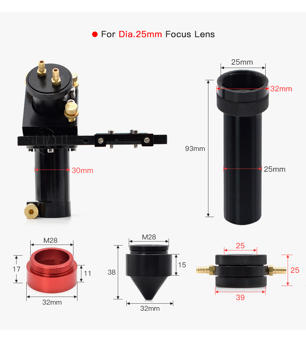CO2 Laser Head Set with Water Cooling Interface Mirror 30x3mm Focus Lens 25x63.5mm for Water Cooling Laser Machine
