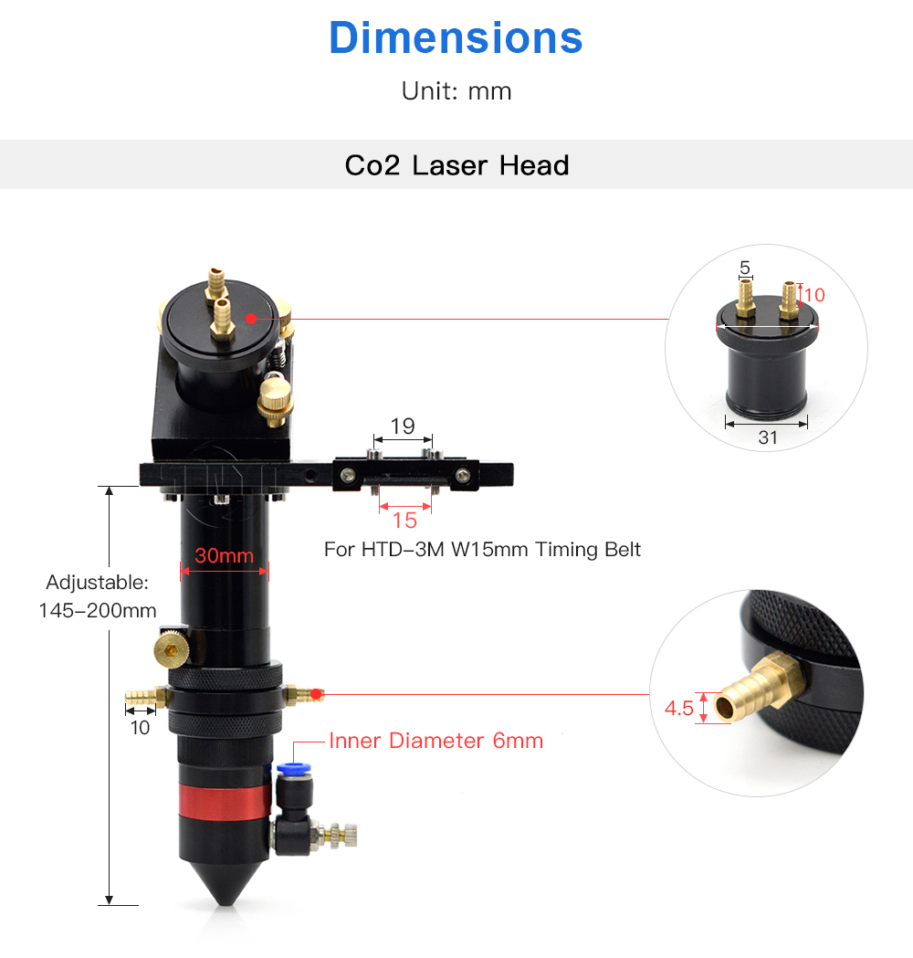 CO2 Laser Head Set with Water Cooling Interface Mirror 30x3mm Focus Lens 25x63.5mm for Water Cooling Laser Machine