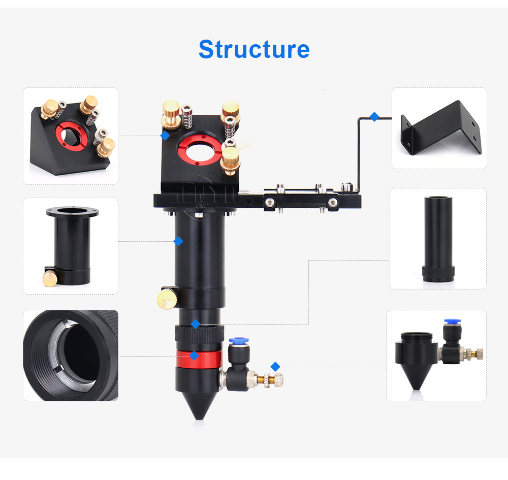 CO2 Laser Head Set with Water Cooling Interface Mirror 30x3mm Focus Lens 25x63.5mm for Water Cooling Laser Machine