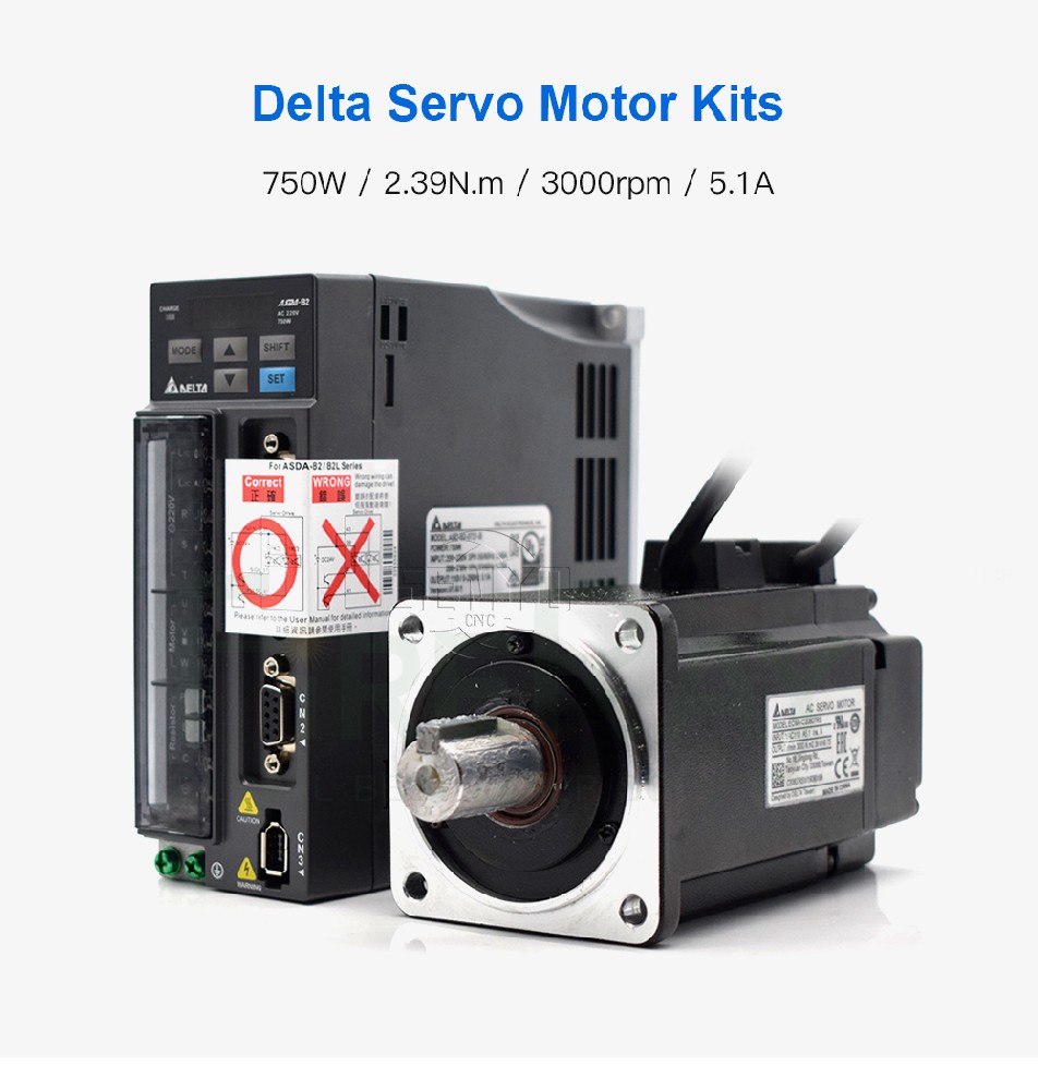 Delta 750W AC Servo Motor Driver Kits B2 Series 2.39N.m 5.1A 3000rpm ASD-B2-0721-B+ECMA-C20807RS with 3m Cable