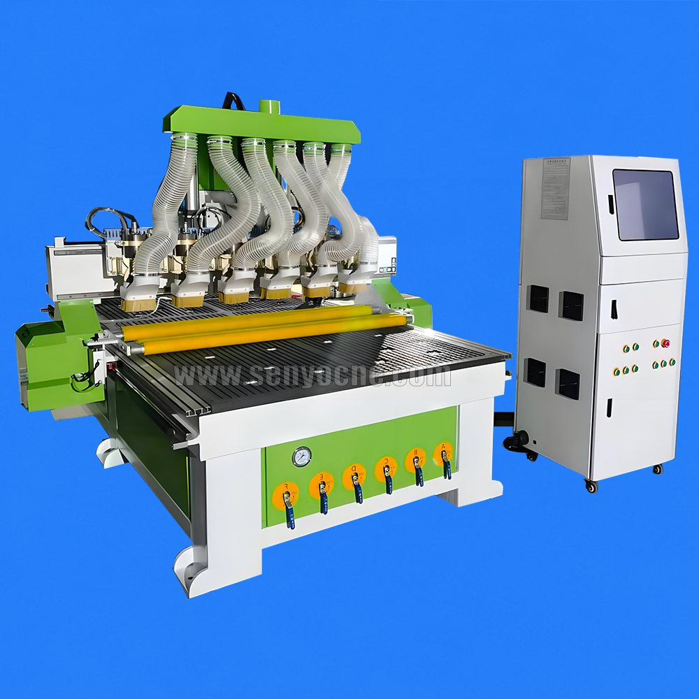 1530 CNC Router Machine One Holder 6 Spindles with Vacuum Table, Table Rollers & Dust Collection System