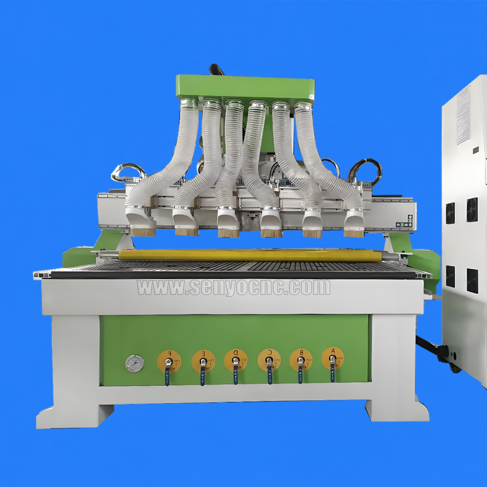 1530 CNC Router Machine One Holder 6 Spindles with Vacuum Table, Table Rollers & Dust Collection System